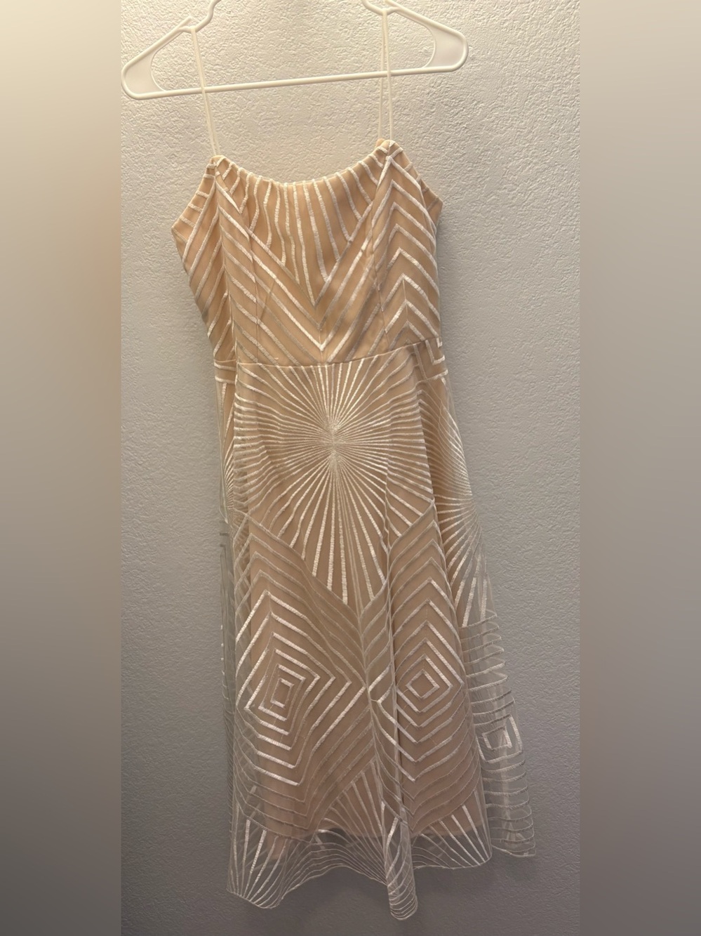 Elegant Beige Geometric Embroidered A-Line Dress